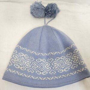 Womens Blue Fair Isle Beanie Pom Pom OS